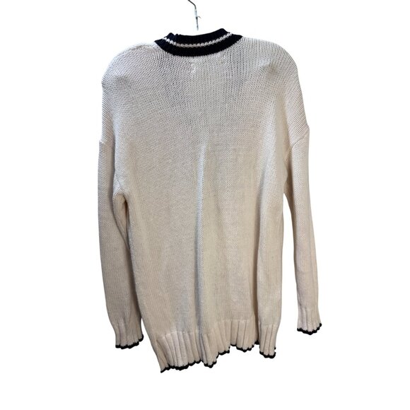 Ivory & Navy Open Front Cardigan Sweater With Button Closure & Pockets By Loft S - Picture 2 of 10